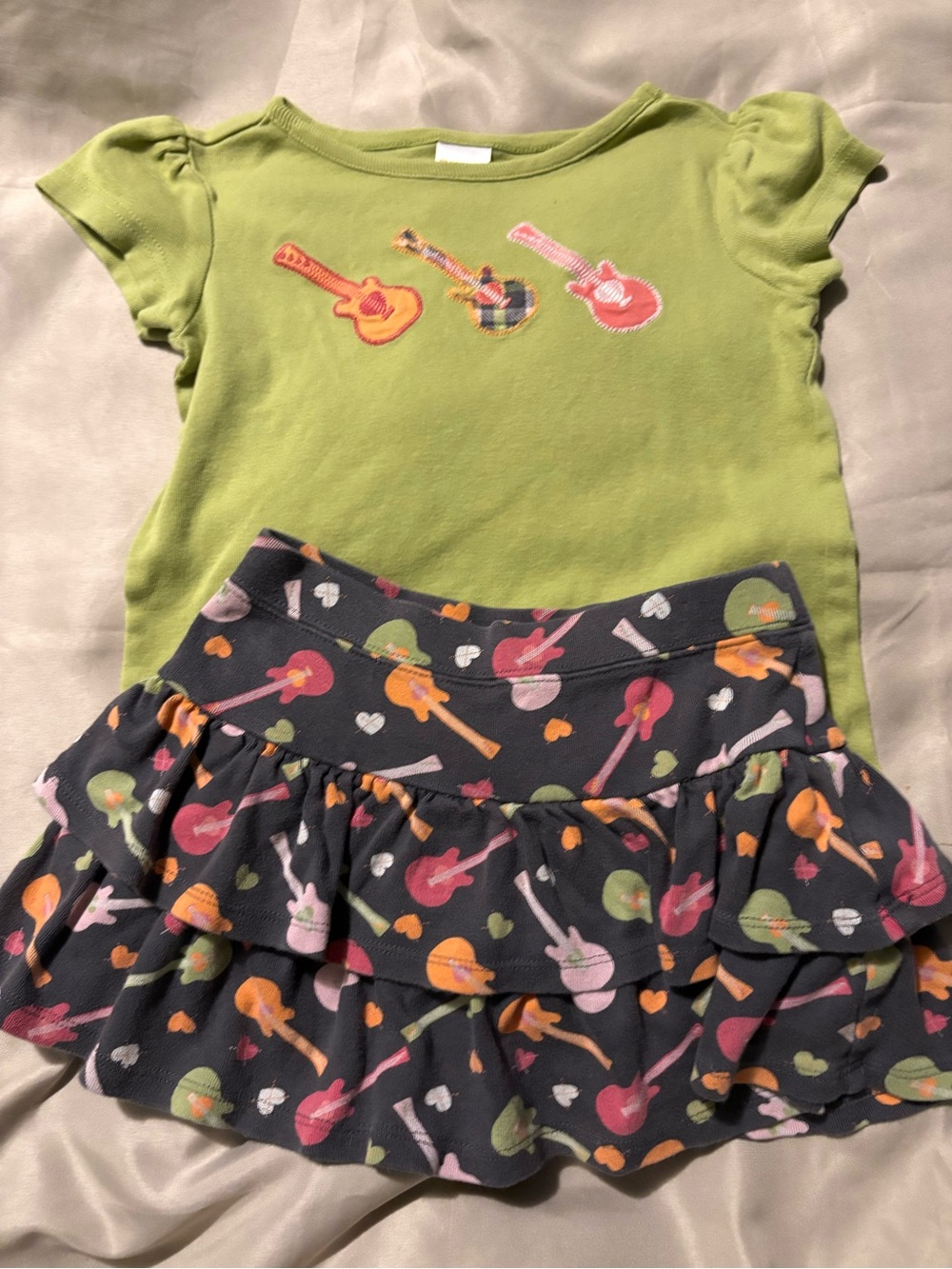 Gymboree Lime Green Guitar Tee & Navy Guitar-Ruffle Skirt Set